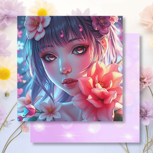Beautiful Anime Girl Glitchcore Floral カード