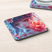 Beautiful Anime Girl Glitchcore Floral コースター (左側)