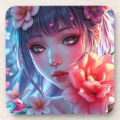 Beautiful Anime Girl Glitchcore Floral コースター (正面)