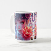 Beautiful Anime Girl Glitchcore Floral コーヒーマグカップ (正面左)