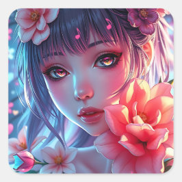 Beautiful Anime Girl Glitchcore Floral スクエアシール