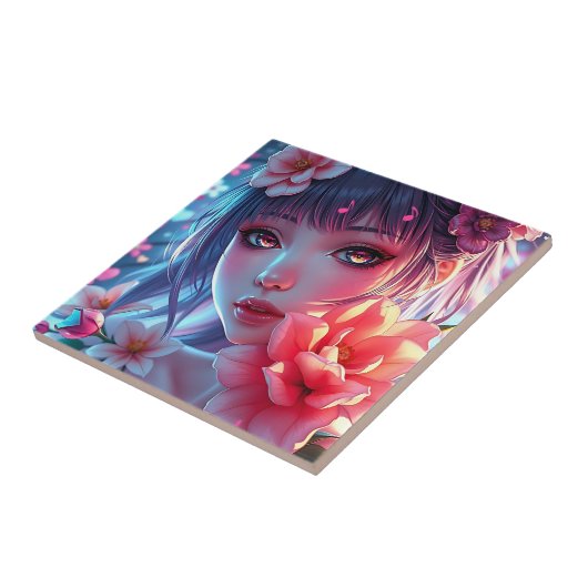 Beautiful Anime Girl Glitchcore Floral タイル (側面)