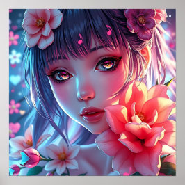 Beautiful Anime Girl Glitchcore Floral ポスター