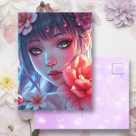 Beautiful Anime Girl Glitchcore Floral ポストカード