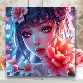 Beautiful Anime Girl Glitchcore Floral メタルプリント