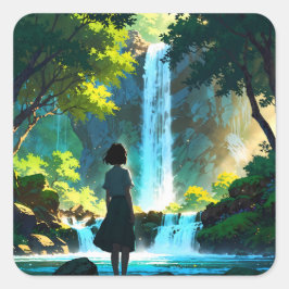 Beautiful Anime Waterfall Illustration スクエアシール