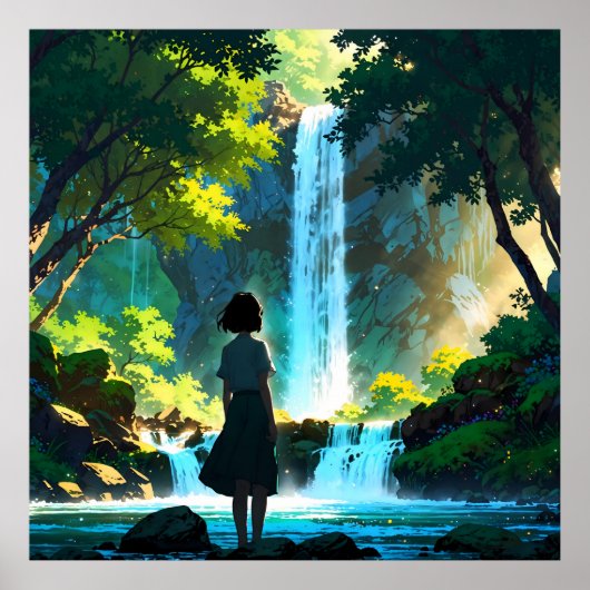 Beautiful Anime Waterfall Illustration ポスター (正面)