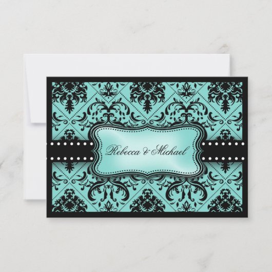 Beautiful Aqua Blue & Black Damask RSVPカード (正面)