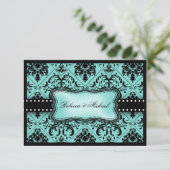 Beautiful Aqua Blue & Black Damask RSVPカード (スタンド正面)