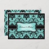Beautiful Aqua Blue & Black Damask RSVPカード (正面/裏面)