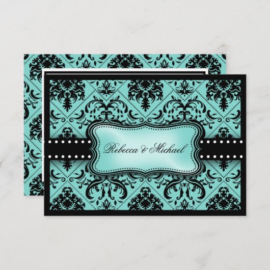 Beautiful Aqua Blue & Black Damask RSVPカード (正面/裏面)