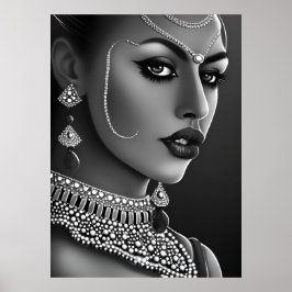 Beautiful Asian Indian woman Black White pearl  ポスター