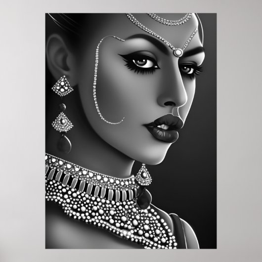 Beautiful Asian Indian woman Black White pearl  ポスター (正面)