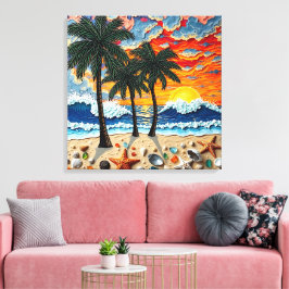 Beautiful Beach Scene with Palm Trees キャンバスプリント
