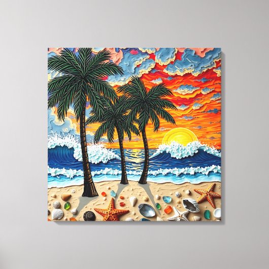 Beautiful Beach Scene with Palm Trees キャンバスプリント (正面)