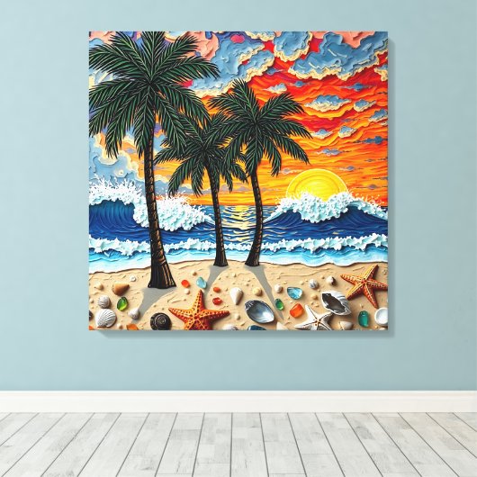 Beautiful Beach Scene with Palm Trees キャンバスプリント (インサイチュ (ウッドフロア))