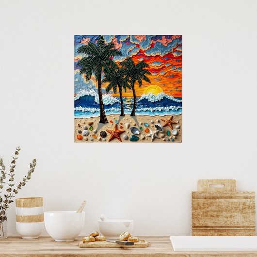 Beautiful Beach Scene with Palm Trees ポスター (キッチン)