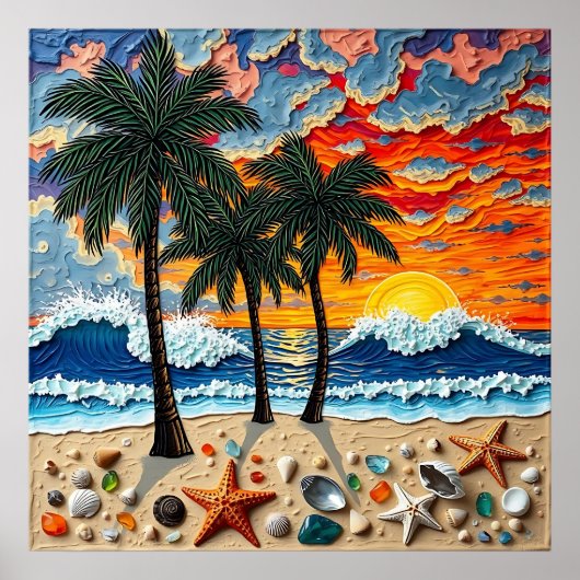 Beautiful Beach Scene with Palm Trees ポスター (正面)