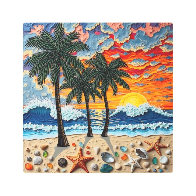 Beautiful Beach Scene with Palm Trees メタルプリント (正面)