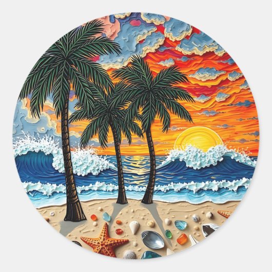 Beautiful Beach Scene with Palm Trees ラウンドシール (正面)