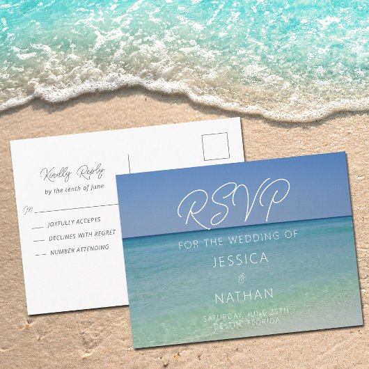Beautiful Beach Wedding Summer Coastal RSVP ポストカード