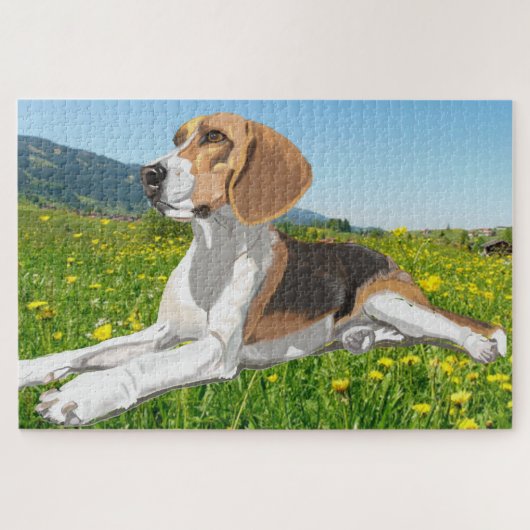 Beautiful Beagle Laying down in a Flower Meadow ジグソーパズル (横)