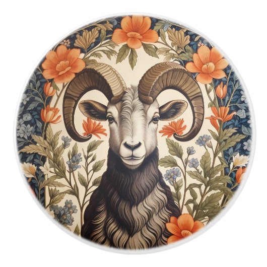 Beautiful Bighorn Sheep William Morris Inspired セラミックノブ (正面)