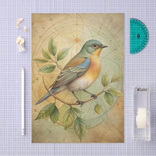 Beautiful Bird on Branch with Geometric Lines 薄葉紙 (クラフト)