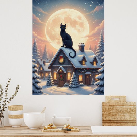 Beautiful Black Cat Sitting In The Clouds Poster ポスター (キッチン)
