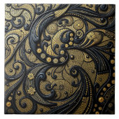 Beautiful Black & Gold Floral and Beads Abstract タイル (正面)
