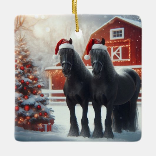Beautiful Black Horses, Christmas Tree and Barn セラミックオーナメント (正面)