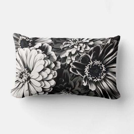 Beautiful Black & white flowers on pillow ランバークッション (正面)