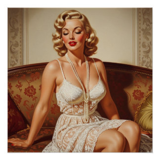 Beautiful blonde pin-up 50's art ポスター
