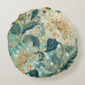 Beautiful Blooming Flowers with Green Gold Pattern ラウンドクッション (裏面)