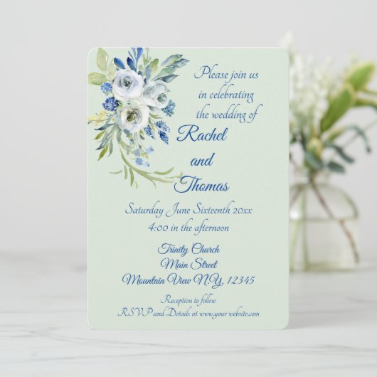 Beautiful Blue And Mint Floral Wedding Invitations 招待状 (スタンド正面)