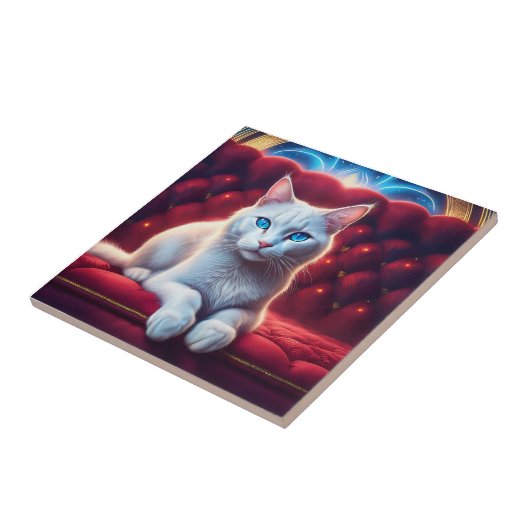 Beautiful Blue Eyed Albino Cat On Exotic Red Sofa タイル (側面)