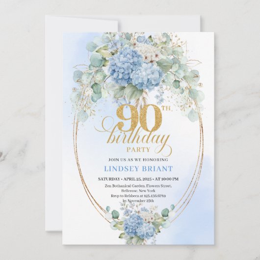 Beautiful Blue Hydrangeas Greenery 90th Birthday 招待状 (正面)