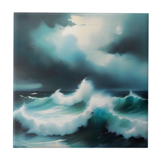 Beautiful Blue Ocean waves painting タイル (正面)