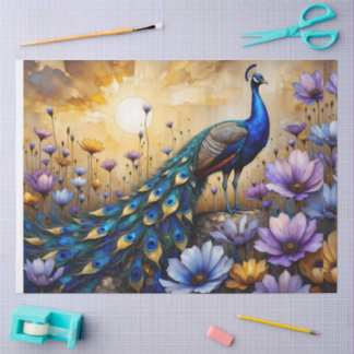 Beautiful Blue Peacock in Floral Landscape 薄葉紙