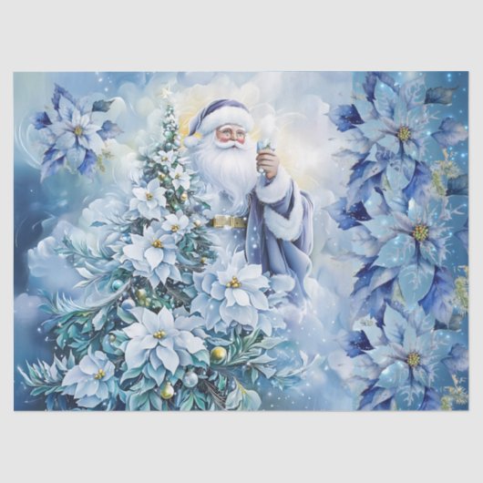 Beautiful Blue Santa & Poinsettias Decoupage 薄葉紙 (正面)