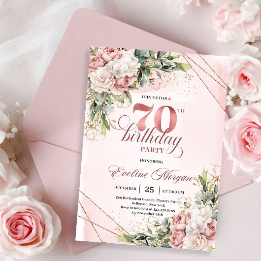 Beautiful Blush Pink Watercolor Floral 70 Birthday 招待状
