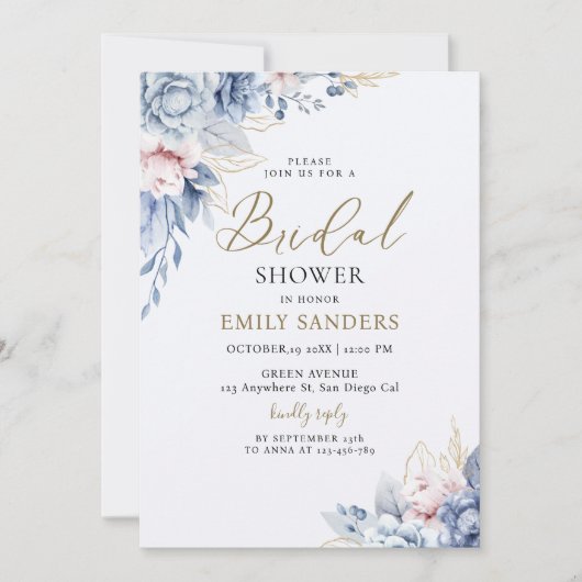 Beautiful Bridal Shower with Flowers Blue Tones 招待状 (正面)