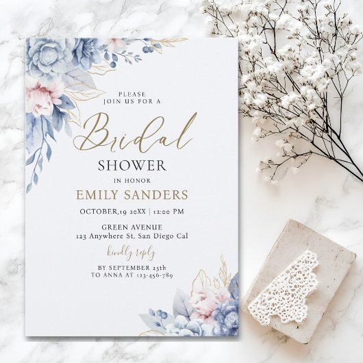 Beautiful Bridal Shower with Flowers Blue Tones 招待状