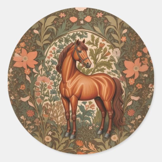Beautiful Brown Horse William Morris Inspired  ラウンドシール (正面)