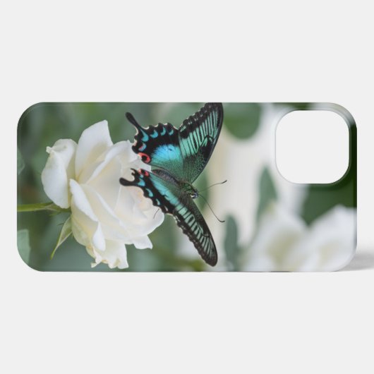 Beautiful Butterfly and white roses iPhoneケース (裏面横)