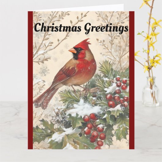 Beautiful Cardinal Christmas Greeting Card カード (黄色い花)