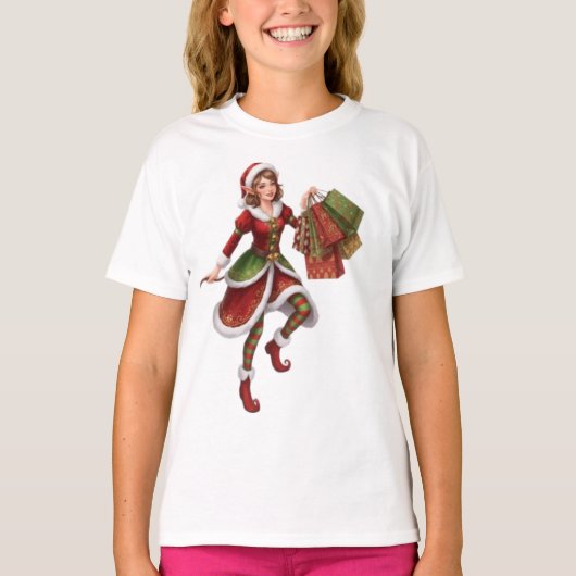 Beautiful Christmas Elf on a Holiday Shopping Spre Tシャツ (正面)
