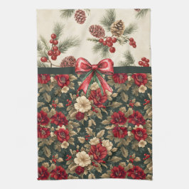 Beautiful Christmas Floral and Pine Cones キッチンタオル
