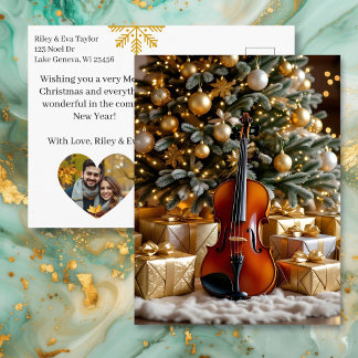 Beautiful Christmas Tree and Violin Festive Poem シーズンポストカード