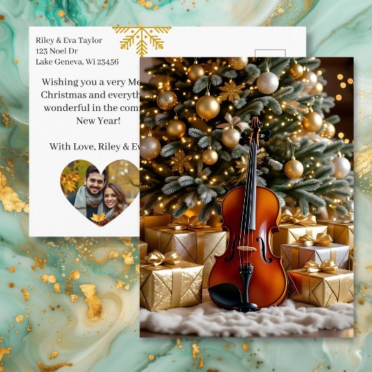 Beautiful Christmas Tree and Violin Festive Poem シーズンポストカード